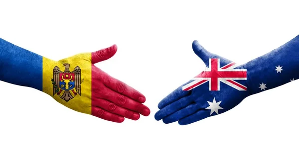 Stretta Mano Tra Australia Moldavia Bandiere Dipinte Mani Isolata Immagine — Foto Stock