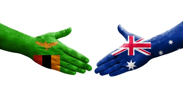 Apretón Manos Entre Australia Zambia Banderas Pintadas Las Manos Imagen — Foto de Stock