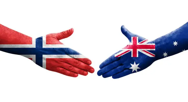 stock image Handshake between Australia and Norway flags painted on hands, isolated transparent image.