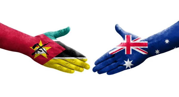 Stretta Mano Tra Australia Mozambico Bandiere Dipinte Mani Isolata Immagine — Foto Stock