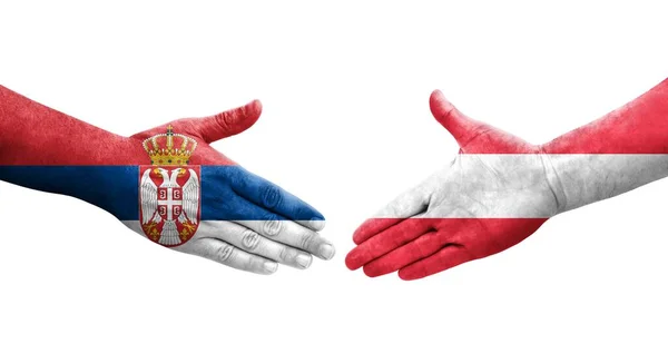 Mano Apretada Entre Austria Serbia Banderas Pintadas Las Manos Imagen —  Fotos de Stock