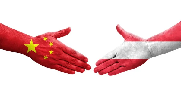 Apretón Manos Entre Austria China Banderas Pintadas Las Manos Imagen — Foto de Stock