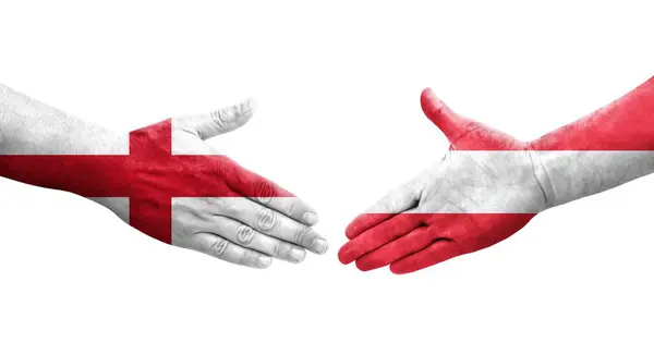 Uścisk Dłoni Między Austrią Anglią Flagi Malowane Rękach Odizolowany Przezroczysty — Zdjęcie stockowe