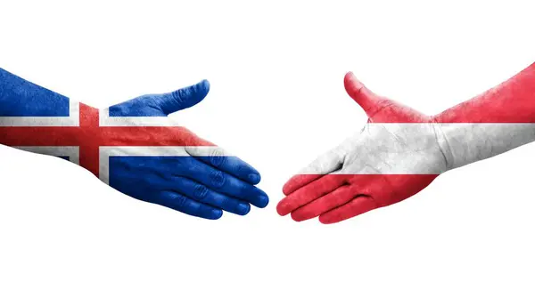 奥地利和冰岛之间握手 手绘国旗 孤立透明的形象 — 图库照片