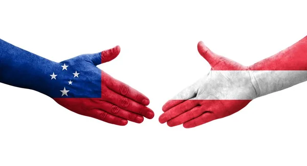 Händedruck Zwischen Österreich Und Samoa Flaggen Auf Hände Gemalt Isoliertes — Stockfoto