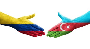 Ellerinde Azerbaycan ve Kolombiya bayrakları arasında el sıkışma, izole şeffaf görüntü.