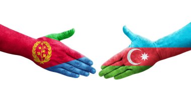 Ellerinde Azerbaycan ve Eritre bayrakları arasında el sıkışma, izole şeffaf görüntü.