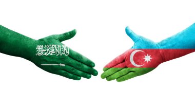 Azerbaycan ve Suudi Arabistan bayrakları arasındaki el sıkışma, izole şeffaf görüntü.
