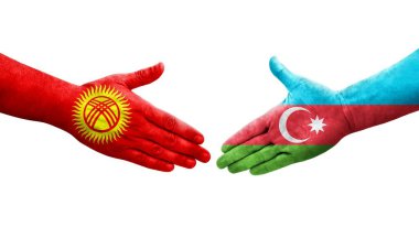 Ellerinde Azerbaycan ve Kırgızistan bayrakları arasında el sıkışma, izole şeffaf görüntü.