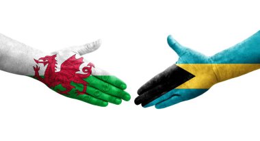 Bahamalar ve Galler arasındaki el sıkışma ellerinde boyanmış bayraklar, izole edilmiş şeffaf görüntü.