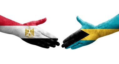 Bahamalar ve Mısır bayrakları arasındaki el sıkışma ellerinde resmedilmiş şeffaf görüntü.