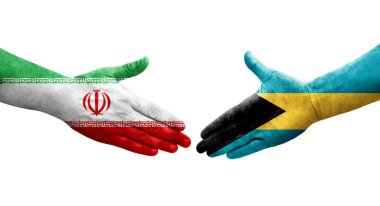 Bahamalar ve İran bayrakları arasındaki el sıkışma, izole edilmiş şeffaf görüntü.