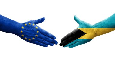 Bahamalar ve Avrupa Birliği bayrakları arasındaki el sıkışma, izole şeffaf görüntü.