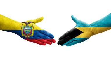 Bahamalar ve Ekvador bayrakları arasındaki el sıkışma ellerinde izole şeffaf görüntü.