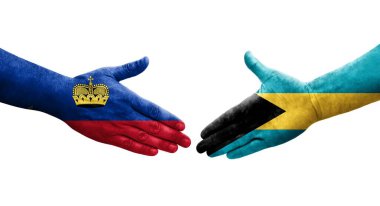 Bahamalar ve Lihtenştayn bayrakları arasında el sıkışma, izole şeffaf görüntü.