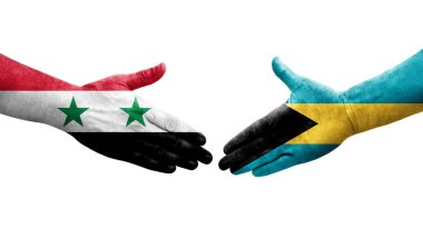 Bahamalar ve Suriye bayrakları arasında el sıkışma, izole şeffaf görüntü.
