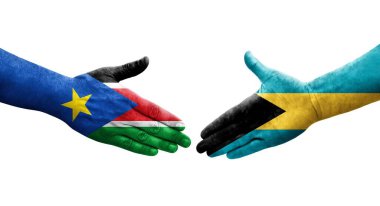 Bahamalar ve Güney Sudan bayrakları arasında el sıkışma, izole şeffaf görüntü.