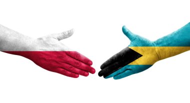 Bahamalar ve Polonya bayrakları arasındaki el sıkışma ellerinde resmedilmiş şeffaf görüntü.