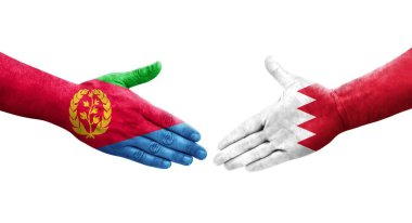 Bahreyn ve Eritre bayrakları arasındaki tokalaşma elleri boyalı, izole şeffaf görüntü.