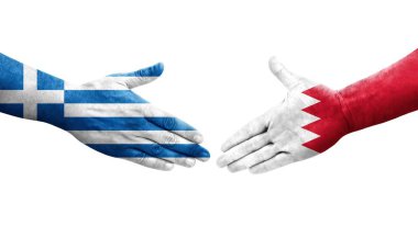 Bahreyn ile Yunanistan arasındaki el sıkışma ellerinde bayraklar, izole edilmiş şeffaf görüntü.