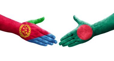 Bangladeş ve Eritre bayrakları arasındaki el sıkışma ellerinde izole şeffaf görüntü.