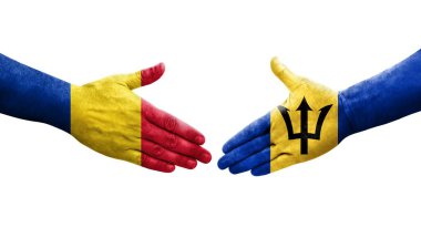 Ellerinde Barbados ve Romanya bayrakları arasında el sıkışma, izole şeffaf görüntü.