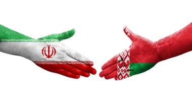 Beyaz Rusya ve İran bayrakları arasında el sıkışma, izole saydam görüntü.