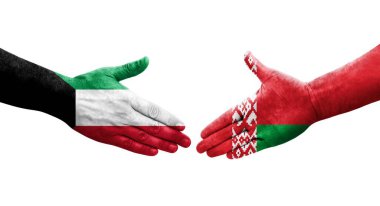 Belarus ve Kuveyt bayrakları arasındaki tokalaşma elleri boyalı, izole şeffaf görüntü.