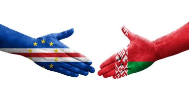 Belarus ve Cape Verde bayrakları arasında el sıkışma, izole şeffaf görüntü.