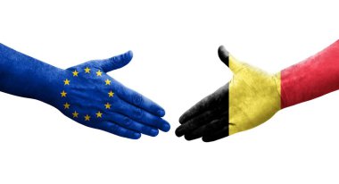 Belçika ile Avrupa Birliği bayrakları arasındaki el sıkışma, izole şeffaf görüntü.