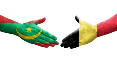 Belçika ve Moritanya bayrakları arasında el sıkışma, izole şeffaf görüntü.