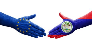 Belize ve Avrupa Birliği bayrakları arasındaki el sıkışma, izole şeffaf görüntü.