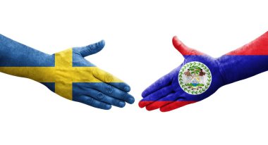 Belize ve İsveç bayrakları arasındaki el sıkışma, izole şeffaf görüntü.