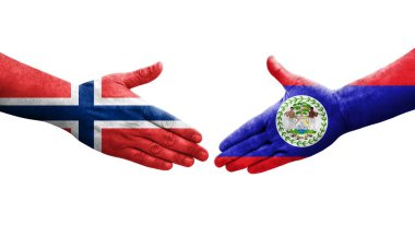 Belize ve Norveç bayrakları arasındaki el sıkışma ellerinde resmedilmiş şeffaf görüntü.