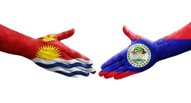 Belize ve Kiribati bayrakları arasındaki el sıkışma ellerinde resmedilmiş şeffaf görüntü.