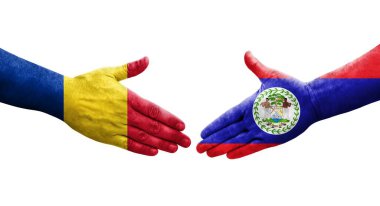 Belize ve Romanya bayrakları arasındaki el sıkışma, izole şeffaf görüntü.