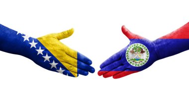Belize ve Bosna bayrakları arasındaki el sıkışma ellerinde resmedilmiş şeffaf bir görüntü.