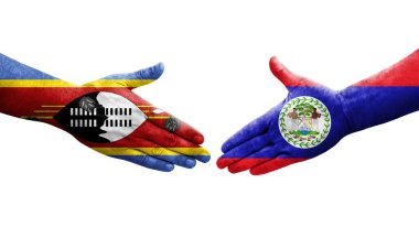 Belize ve Eswatini bayrakları arasındaki tokalaşma elleri boyalı, izole şeffaf görüntü.