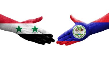 Belize ve Suriye bayrakları arasında el sıkışma, izole şeffaf görüntü.