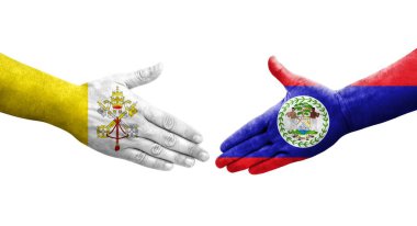 Belize ve Kutsal Bakış arasındaki el sıkışma ellerinde bayraklar, yalıtılmış şeffaf görüntü.