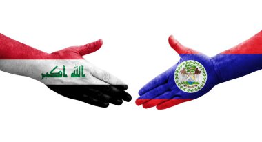 Belize ve Irak bayrakları arasında el sıkışma, izole saydam görüntü.
