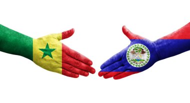 Belize ve Senegal bayrakları arasındaki el sıkışma, izole şeffaf görüntü.