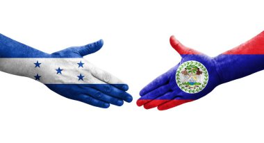 Belize ve Honduras bayrakları arasında el sıkışma, izole şeffaf görüntü.