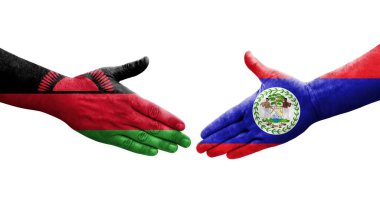 Belize ve Malawi bayrakları arasındaki el sıkışma ellere boyanmış, izole şeffaf görüntü.