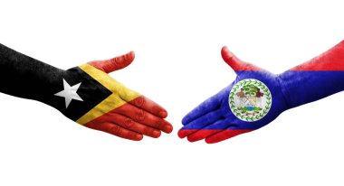 Belize ve Timor Leste bayrakları arasındaki tokalaşma elleri boyalı, izole şeffaf görüntü.