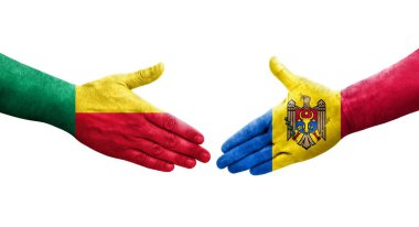 Benin ve Moldova bayrakları arasındaki el sıkışma, izole şeffaf görüntü.