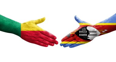 Benin ve Eswatini bayrakları arasındaki tokalaşma elleri boyalı, izole şeffaf görüntü.