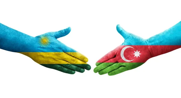 Apretón Manos Entre Azerbaiyán Ruanda Banderas Pintadas Las Manos Imagen — Foto de Stock