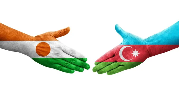Apretón Manos Entre Las Banderas Azerbaiyán Níger Pintadas Las Manos — Foto de Stock