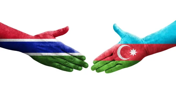 Apretón Manos Entre Azerbaiyán Gambia Banderas Pintadas Las Manos Imagen — Foto de Stock